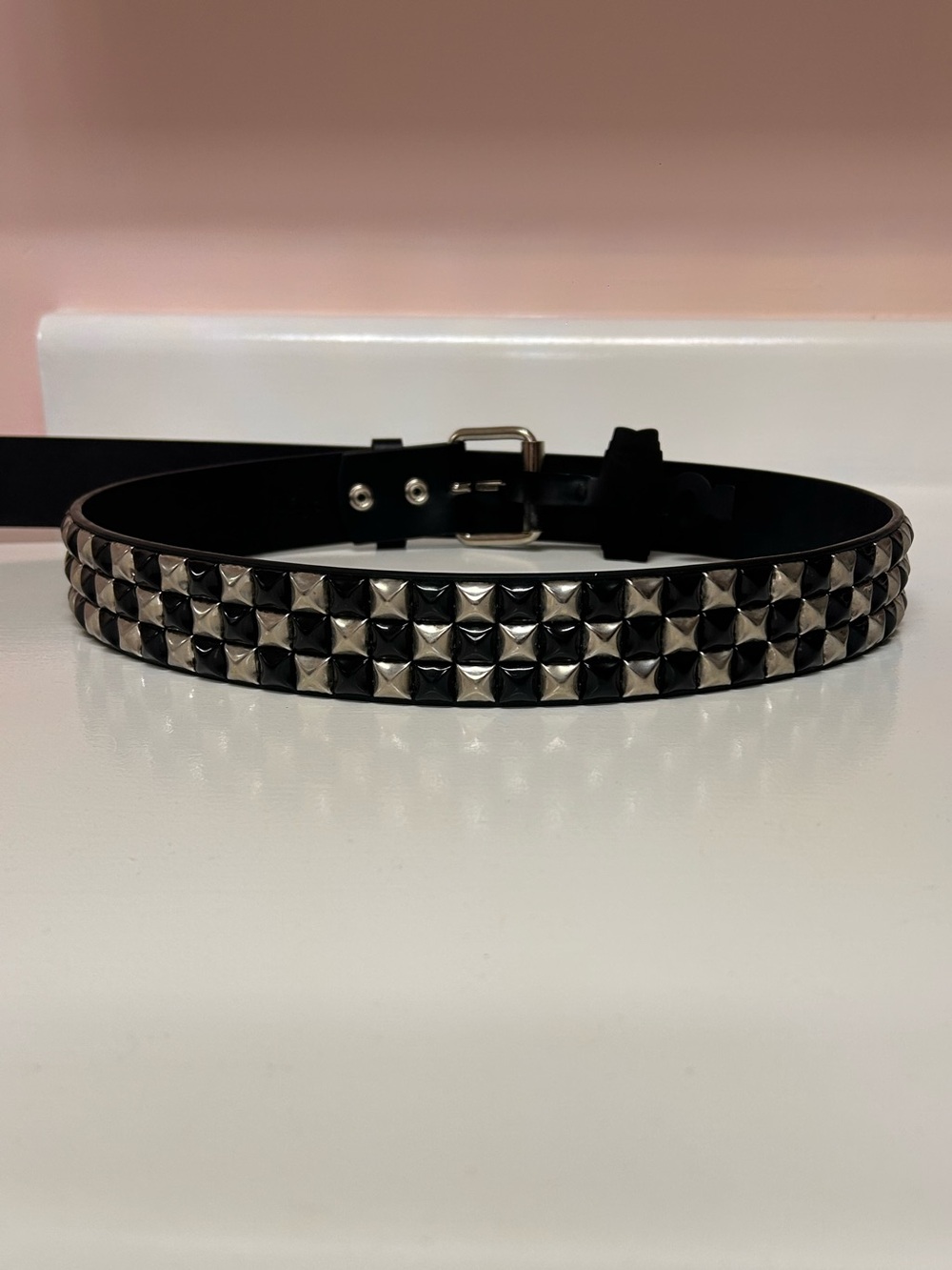 Y2K Revival Punk Emo Three Row Pyramid Point Studded Black and Silver Tone Belt